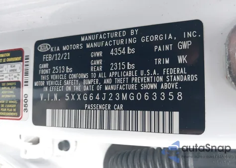 2021 Kia K5 Gt-Line z USA, uszkodzony, nr VIN 5XXG64J23MG063358